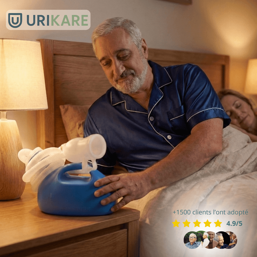 Senior homme utilisant l'urinoir Urikare la nuit dans son lit