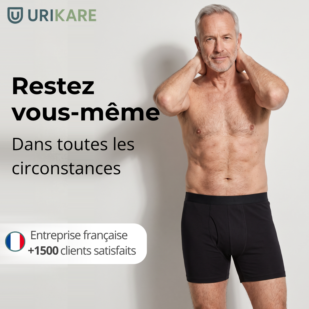 Homme portant le boxer absorbant lavable Urikare, modèle long