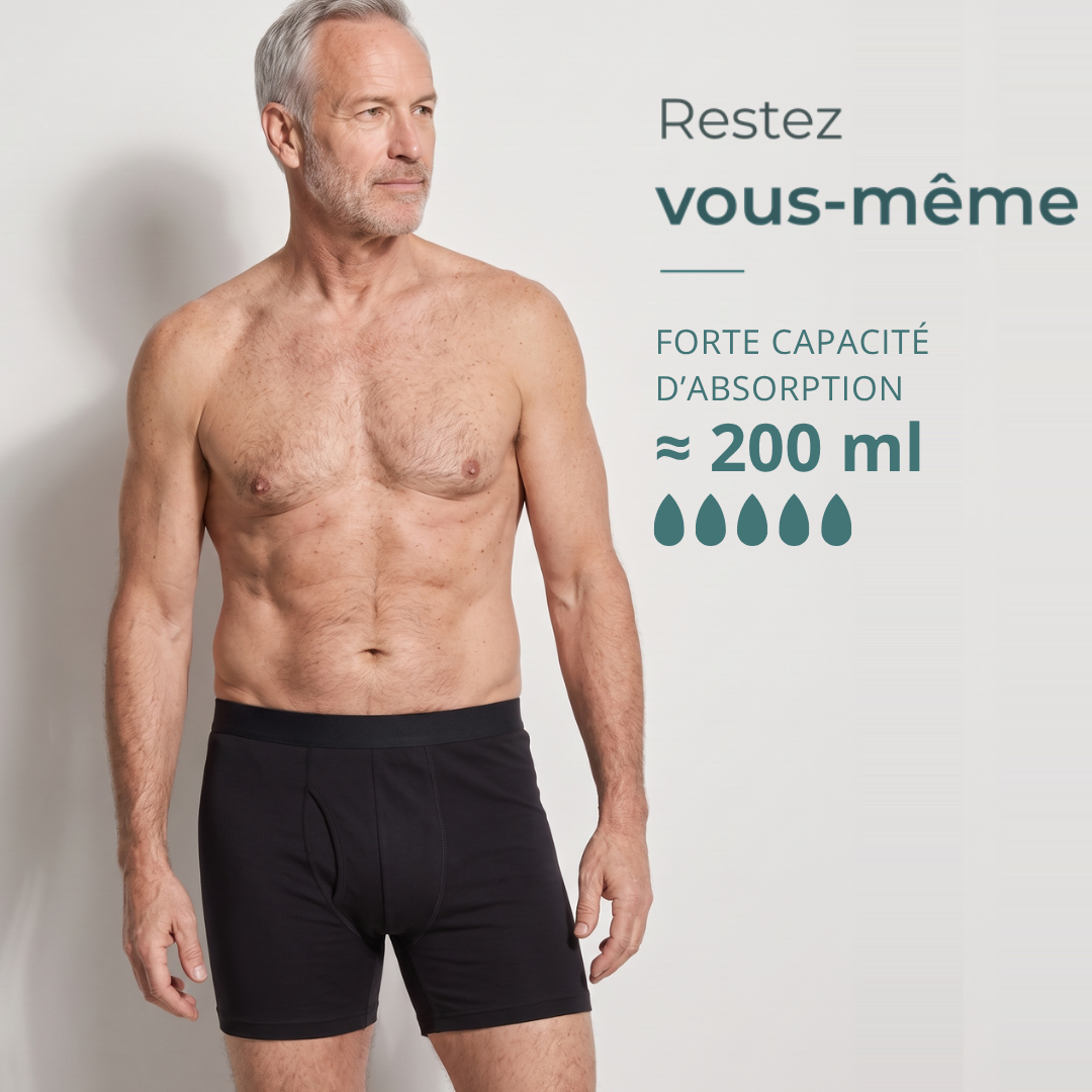 Boxer absorbant lavable Urikare long, porté de face
