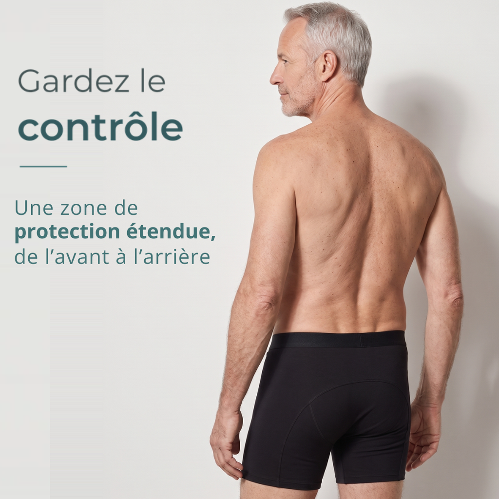 Boxer absorbant lavable Urikare long, porté de dos