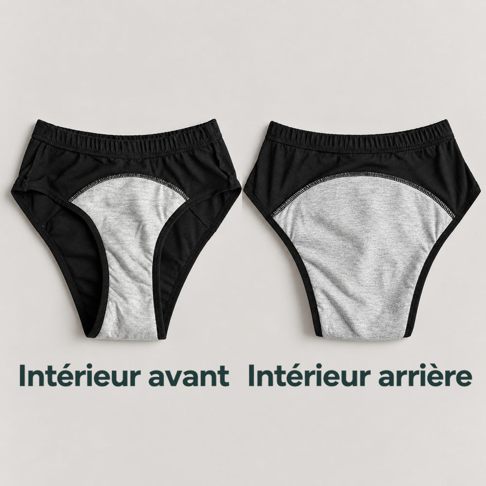 Intérieur de la culotte noire Urikare : vue avant à gauche et vue arrière à droite, avec la doublure grise visible.