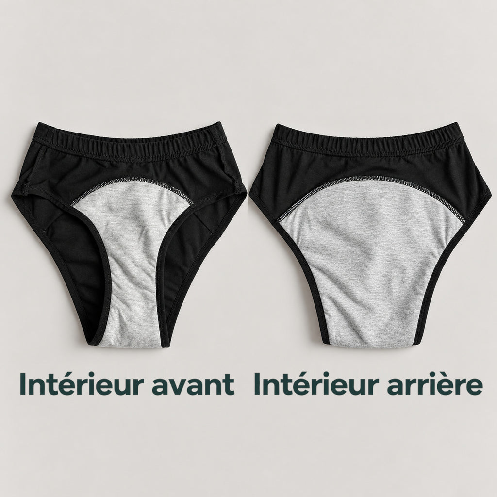 Intérieur de la culotte noire : avant à gauche, arrière à droite, avec sa doublure grise.