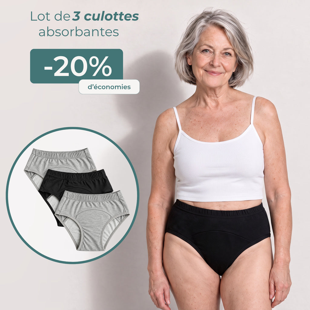 Offre de 3 culottes, 20 % d’économies, mannequin en culotte noire et vignette du lot mixte.