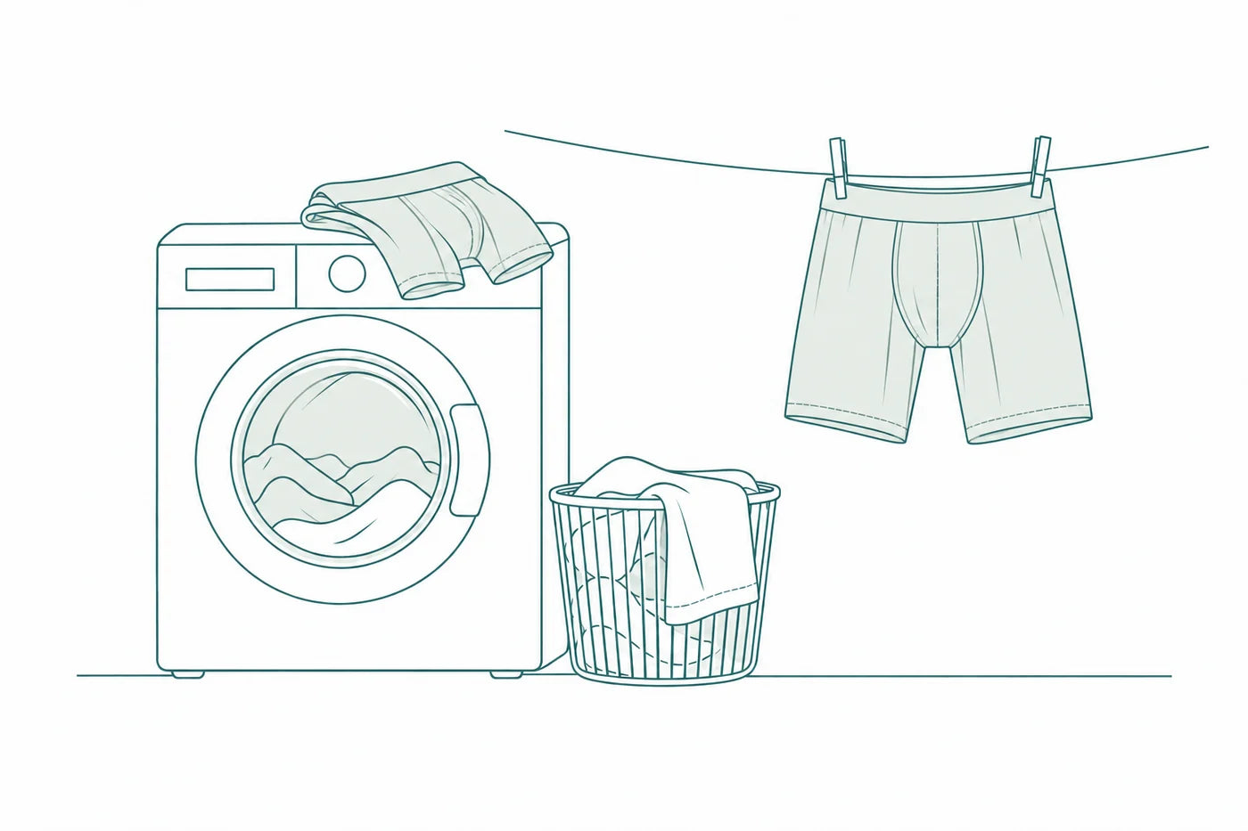 Illustration au trait : un lave-linge et un sous-vêtement suspendu pour sécher